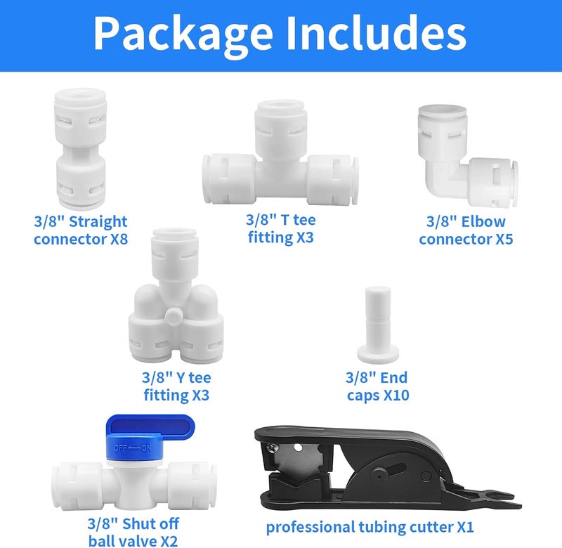 Sweezwon Water Tube Fittings Kit, 3/8" OD Quick Connect Push to Connect Fittings for RO/DI Water Filter System (Ball Valve+ T+ I+ L+ Y+ Professional Tubing Cutter, 32Pcs) - Image 2